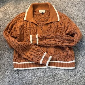 Universal Thread Rust Knit Polo Sweater with Cream Trim - retro, classic, crop